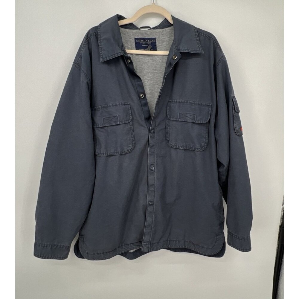 American Eagle Mens VIntage Y2K Utility Barn Coat Sz L Blue Button Lined Grunge